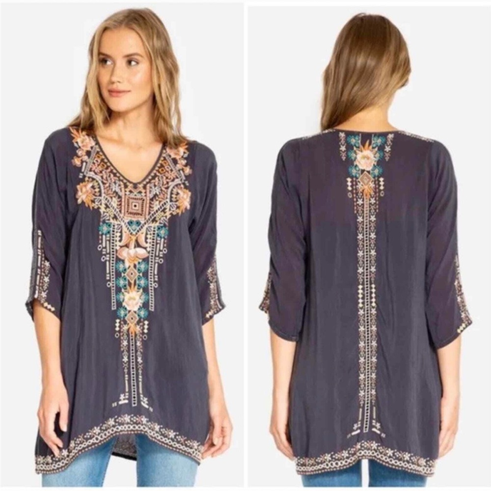 Johnny Was Dusty Blue Embroidered Tunic